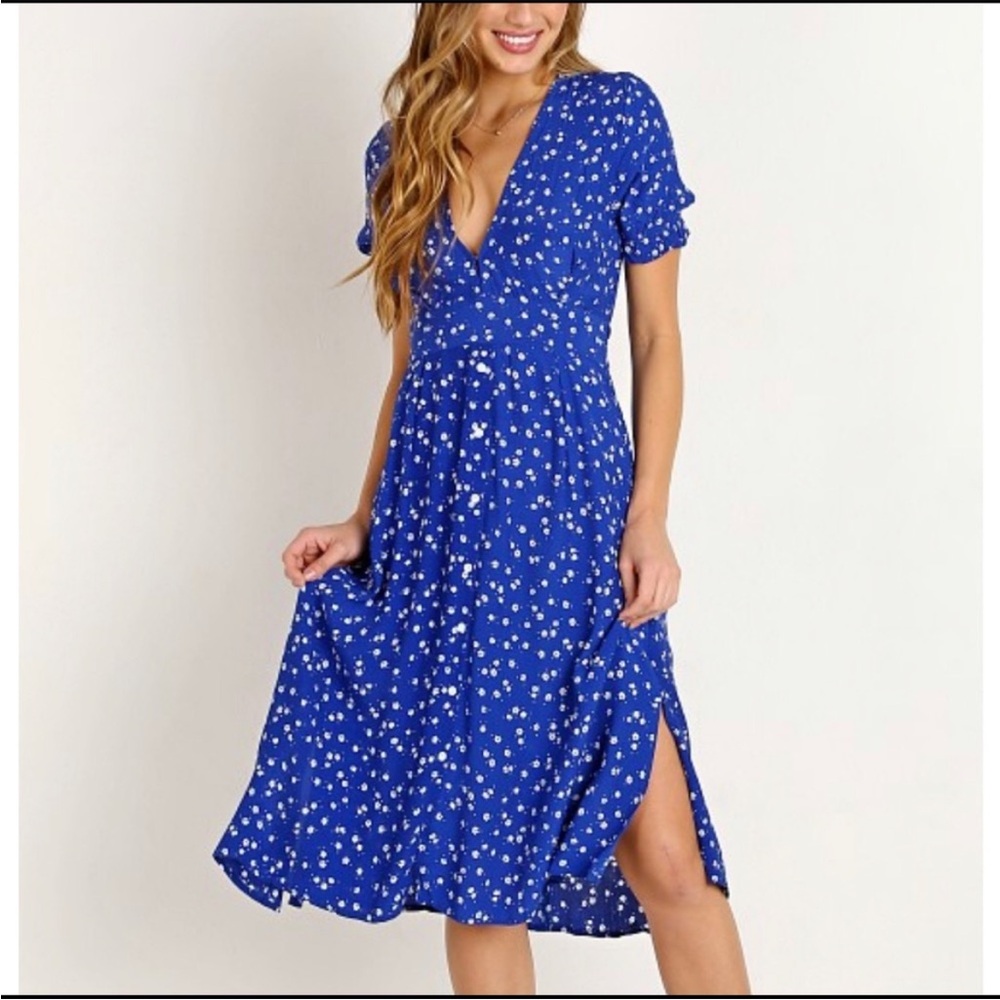 Faithfull The Brand Farah Dress Cobalt Blue Betina Floral Print Midi Size S